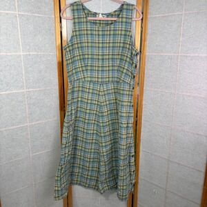 L.L. Bean Womens 12 Plaid Cotton Sleeveless Midi Jumper Dress Green Blue Yellow